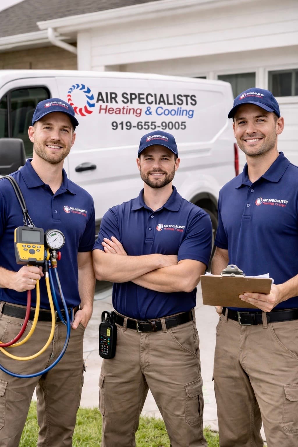 Three smiling HVAC technicians in blue uniforms pose with equipment before their service van.