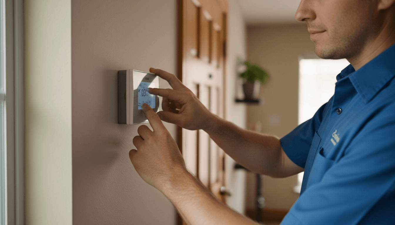 HVAC technician adjusting home thermostat