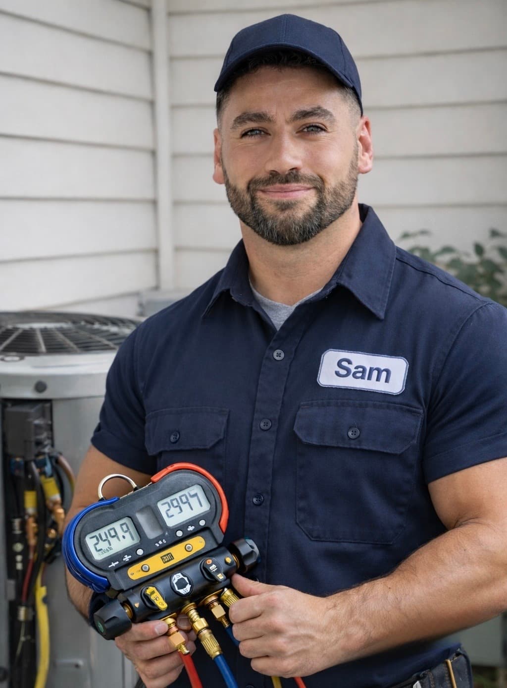 Smiling HVAC technician Sam holds a digital manifold gauge by an outdoor AC unit.
